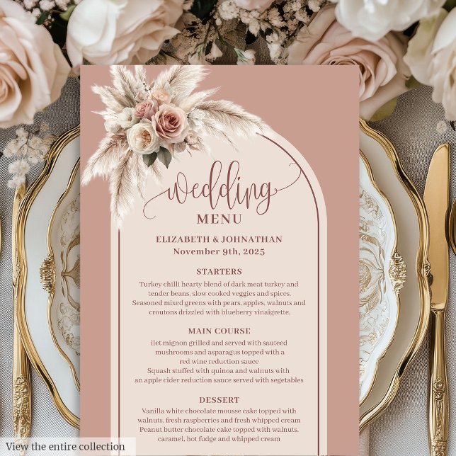 Menu Cardápio de Casamento Floral Pampas Rosa Pastel Ar (Luxury Arch Pastel Pink Pampas Floral Wedding Menu)