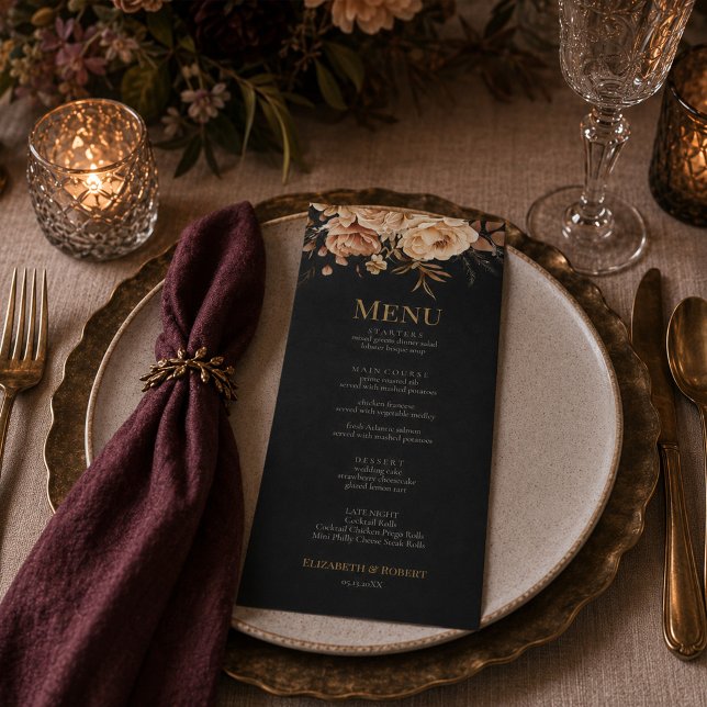 Menu Cardápio de Casamento Floral Preto da Bruxa da Flo (Forest Witch Black Floral Wedding Menu)