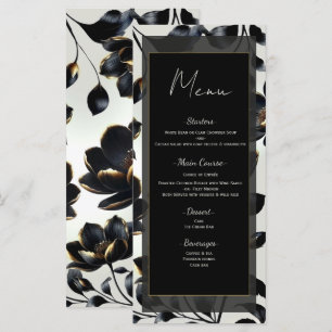 Menu Cardápio de Casamento Floral Preto e Dourado Bege