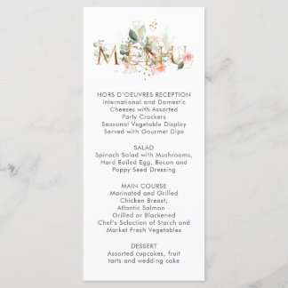 Menu Cardápio de Casamento Floral Rosa Bege Estilizado