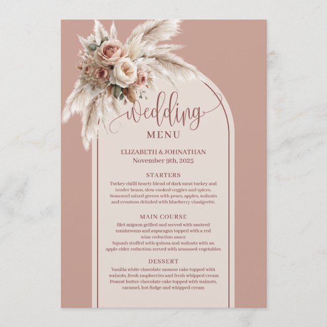 Menu Cardápio de Casamento Floral Rosa Pastel Arco Rúst (Frente)
