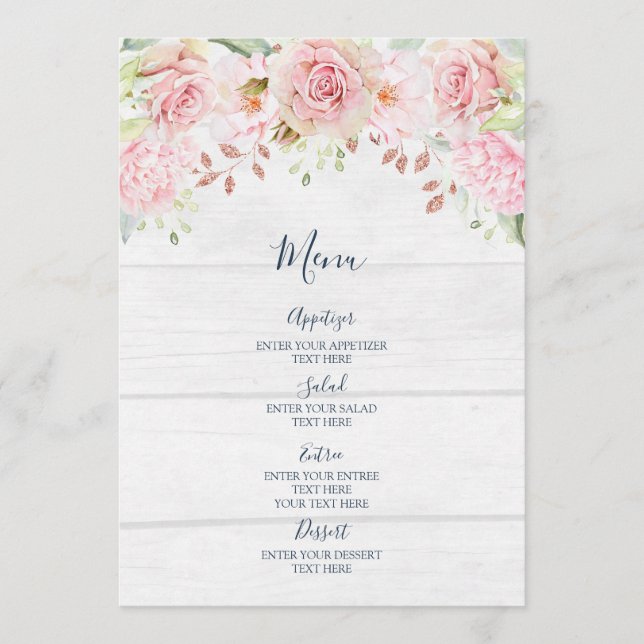 Menu Cardápio de Casamento Floral Rosa Rústico de Prima (Frente)