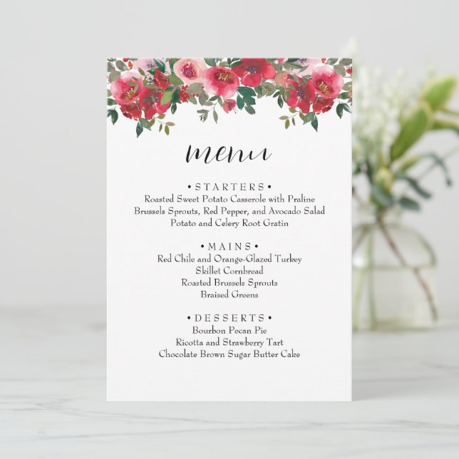 Menu Cardápio de Casamento Floral Rosa Vermelho Aquarel (Em pé/Frente)