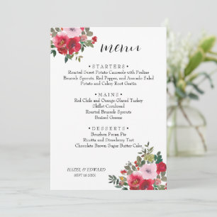 Menu Cardápio de Casamento Floral Rosa Vermelho Aquarel