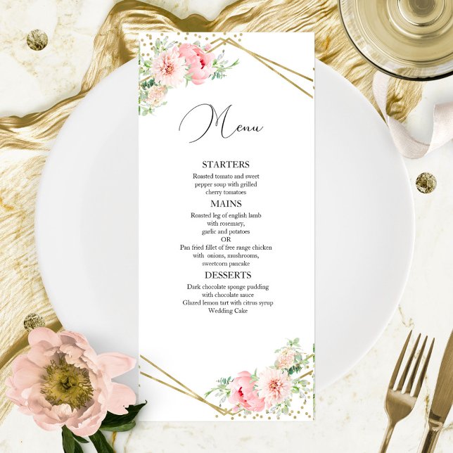 Menu Cardápio de Casamento Floral Rosado Geométrico Ele (Criador carregado)