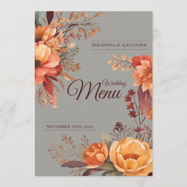 Menu Cardápio de Casamento Floral Rústico de Aquarela d (Frente)
