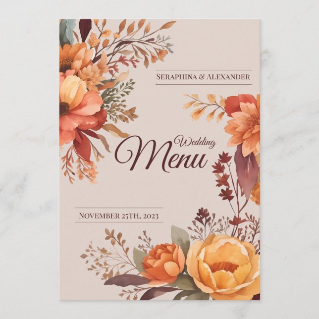 Menu Cardápio de Casamento Floral Rústico em Aquarela d (Frente)