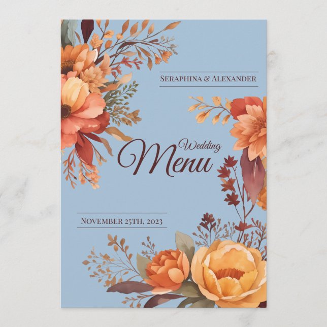 Menu Cardápio de Casamento Floral Rústico em Aquarela d (Frente)