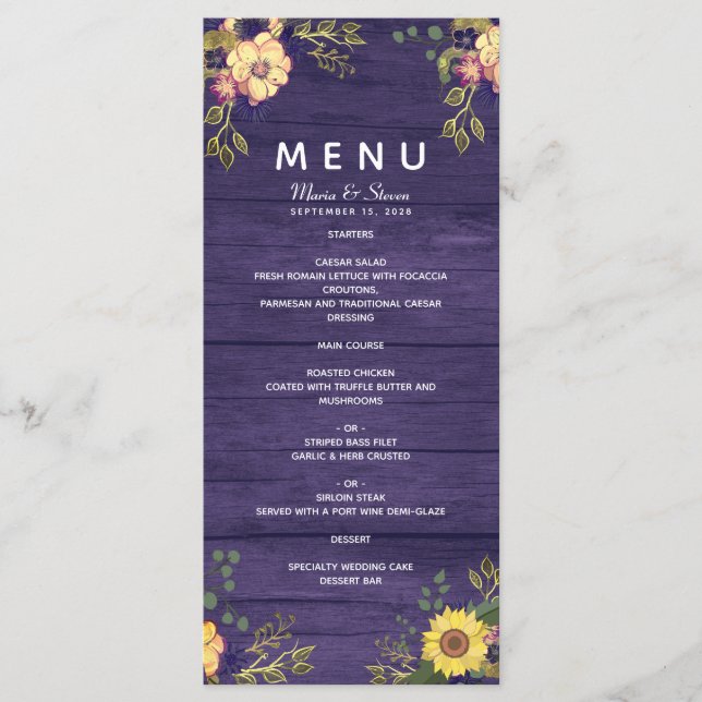 Menu Cardápio de Casamento Floral Rústico Roxo (Frente)