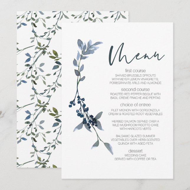 Menu Cardápio de Casamento Floral Sage Silver Green (Frente/Verso)