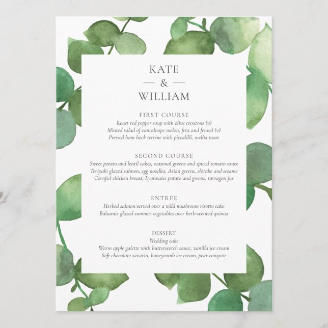 Menu Cardápio de Casamento Floral Verde Boho Eucalipto (Frente)