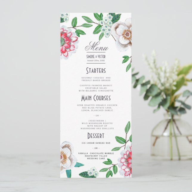 Menu Cardápio de Casamento Floral Verde Botânico (Em pé/Frente)