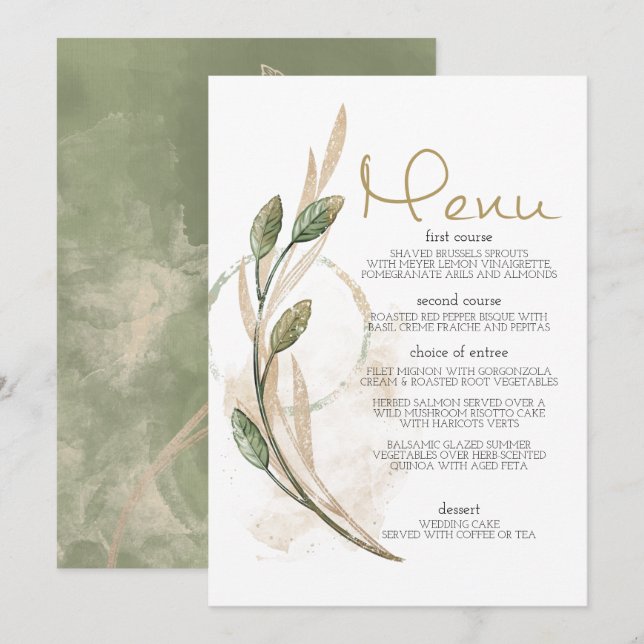 Menu Cardápio de Casamento Floral Verde Sage Dourado (Frente/Verso)
