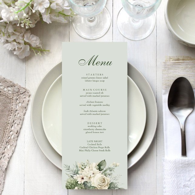Menu Cardápio de Casamento Floral Verde Sage Suave (Soft Sage Green Floral Wedding Menu on an elegant wedding table)