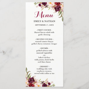 Menu Cardápio de Casamento Floral Vermelho Borgonha
