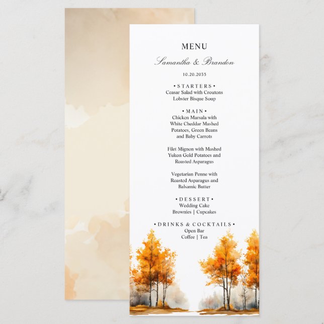 Menu Cardápio de casamento Floresta de Outono, Bosque d (Frente/Verso)