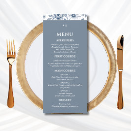Menu Cardápio de Casamento Francês Floral Vintage Azul 
