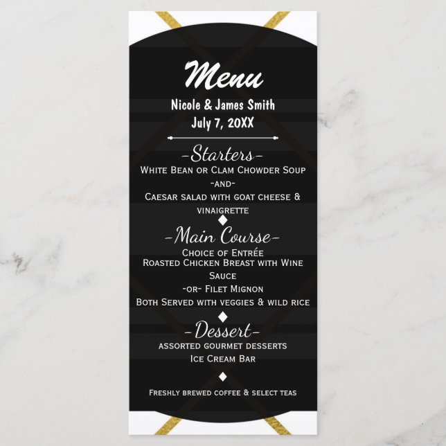 Menu Cardápio de Casamento Geométrico Chic Glam Preto e (Frente)