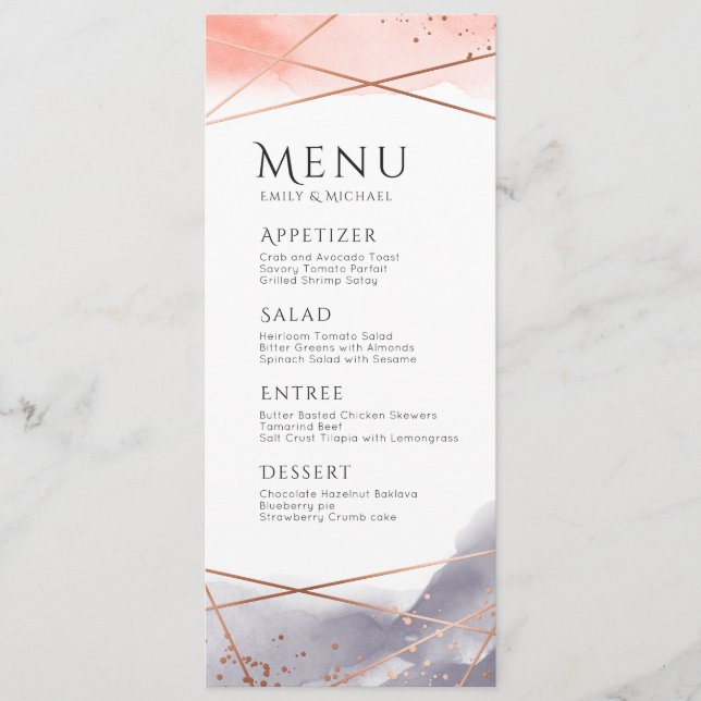 Menu Cardápio de casamento geométrico em aquarela Rose  (Frente)