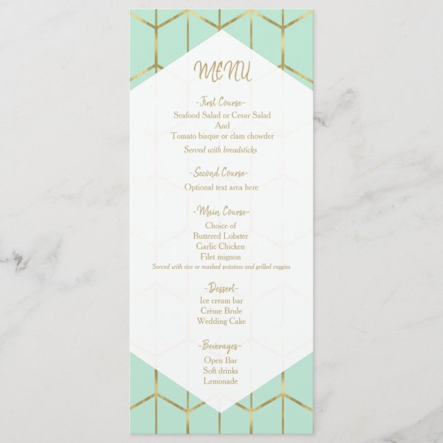 Menu Cardápio de Casamento Geométrico Hexagonal Verde M (Frente)