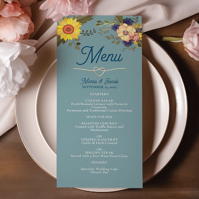 Menu Cardápio de Casamento Girassol Boho Azul Empoeirad (Criador carregado)