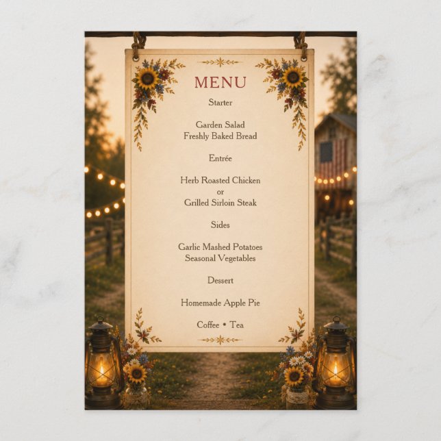 Menu Cardápio de Casamento Girassol Rústico Chic Americ (Frente)