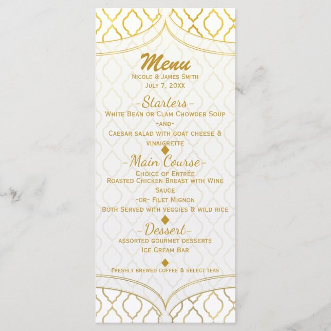 Menu Cardápio de Casamento Glamour Marroquino Elegante  (Frente)