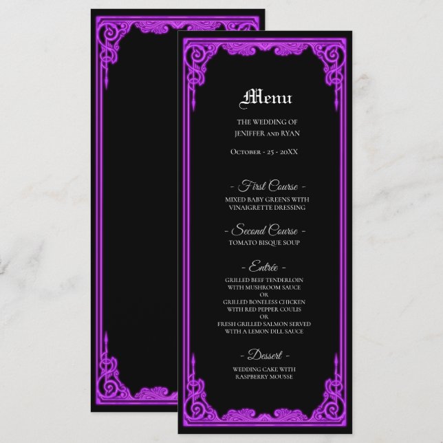 Menu Cardápio de Casamento Gótico com Brilho Roxo Mágic (Frente/Verso)