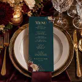 Menu Cardápio de casamento gótico floral em azul-marinh