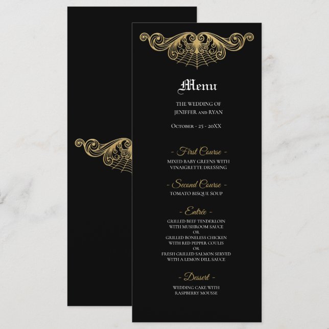 Menu Cardápio de Casamento Gótico Preto e Dourado Elega (Frente/Verso)