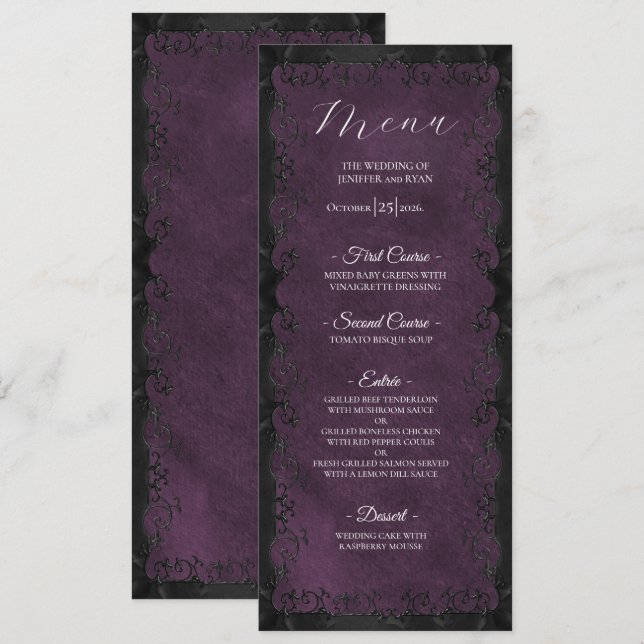 Menu Cardápio de casamento gótico roxo elegante (Frente/Verso)