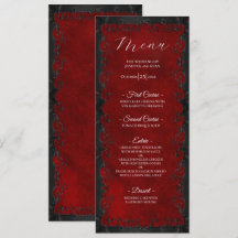 Cardápio de casamento gótico vermelho elegante
