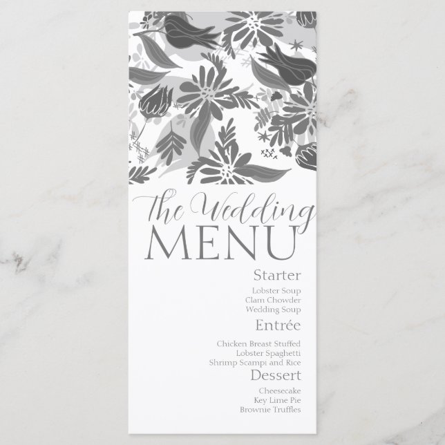 Menu Cardápio de Casamento Jardim de Rosas Florais Cinz (Frente)