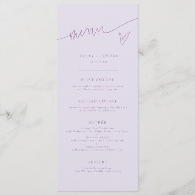 Menu Cardápio de Casamento Lilás com Letra Moderna (Frente)