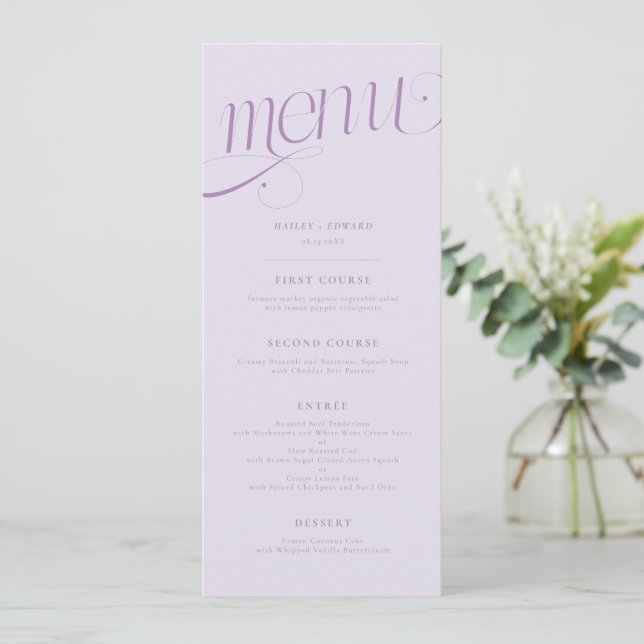 Menu Cardápio de Casamento Lilás Redemoinho Elegante (Em pé/Frente)