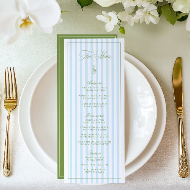 Menu Cardápio de Casamento Listrado em Verde Sage e Azu (Vintage Sage Green & Blue Striped Wedding Menu)