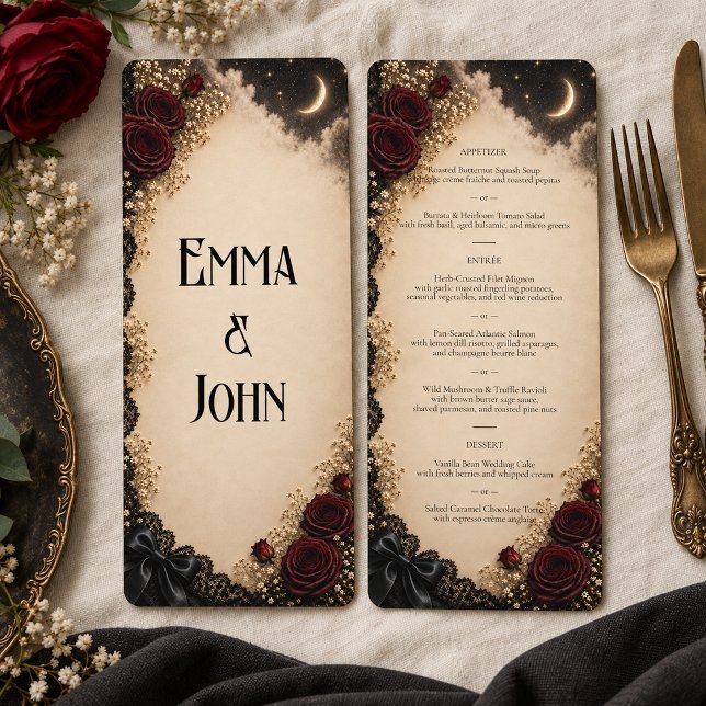 Menu Cardápio de Casamento Lua Gótica Rosa Borgonha (Criador carregado)