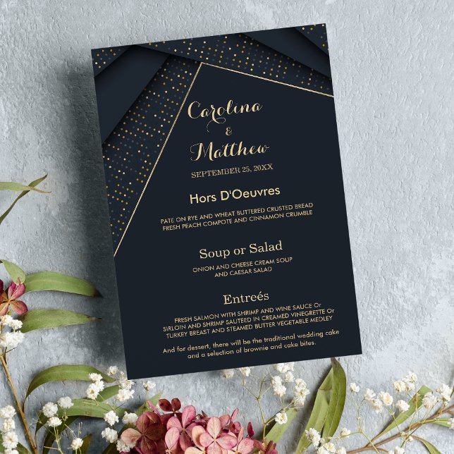 Menu Cardápio de Casamento luxuoso azul marinho dourado (Chic modern navy blue gold luxury Wedding Menu )