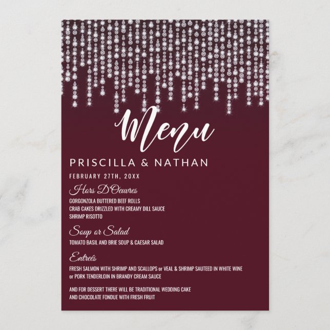 Menu Cardápio de Casamento Luzes de Diamante Vermelho P (Frente)