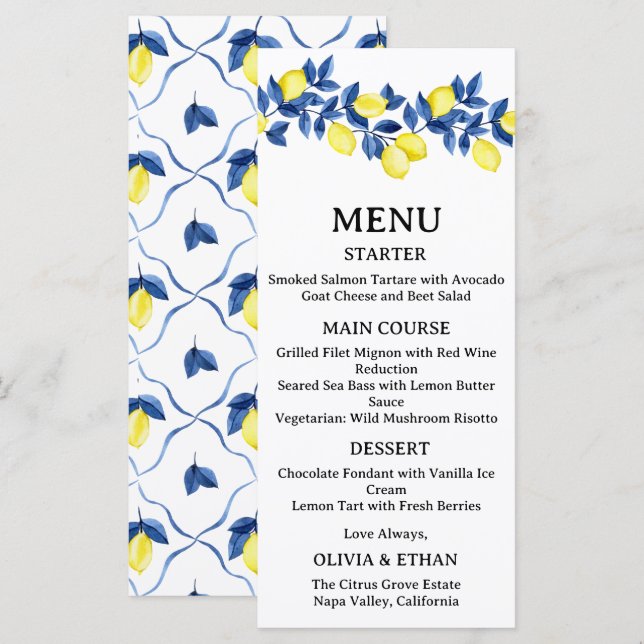 Menu Cardápio de Casamento Mediterrâneo de Limão de Ver (Frente/Verso)