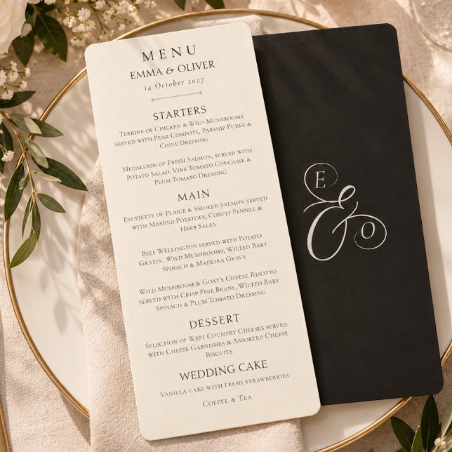 Menu Cardápio de Casamento Minimal Boho Preto Marfim (Minimal Boho Black Ivory Wedding Menu)