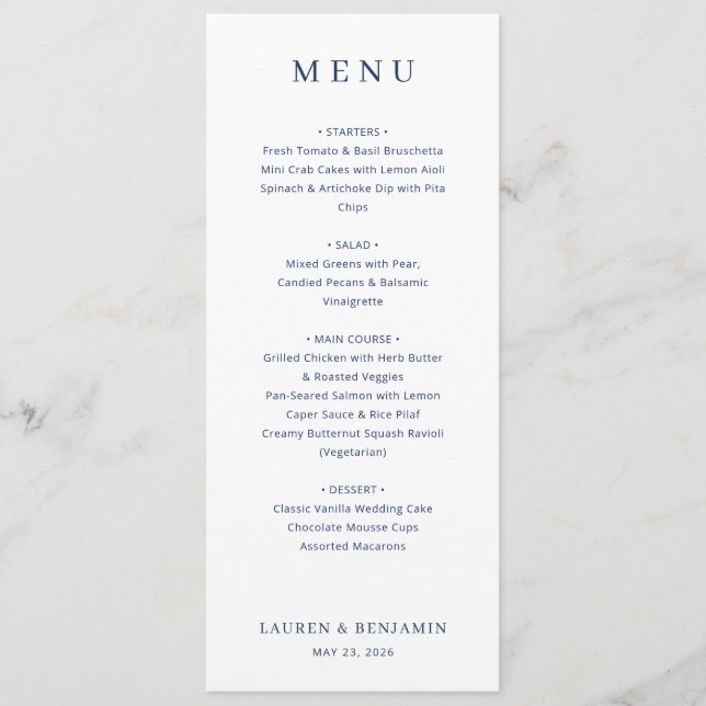 Menu Cardápio de Casamento Minimalista Azul Naval Elega (Frente)