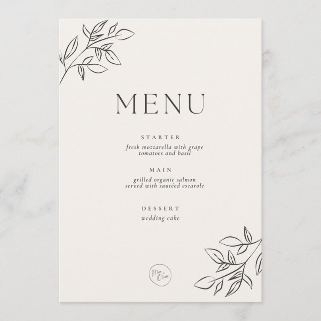 Menu Cardápio de Casamento Minimalista – Bege Botânico  (Frente)