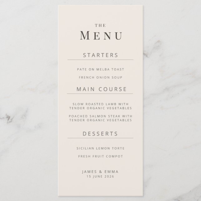 Menu Cardápio de Casamento Minimalista Bege Suave (Frente)