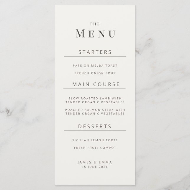 Menu Cardápio de Casamento Minimalista | Branco Quente (Frente)