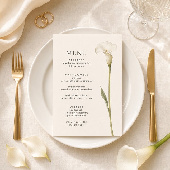 Menu Cardápio de Casamento Minimalista com Lírio Calla  (Modern White Calla Lily Minimalist Wedding Menu)