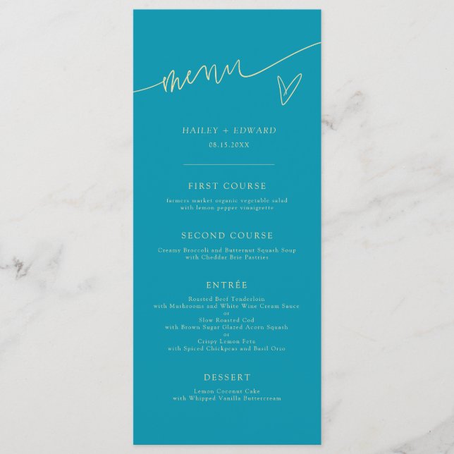 Menu Cardápio de Casamento Modern Script Aqua Blue (Frente)