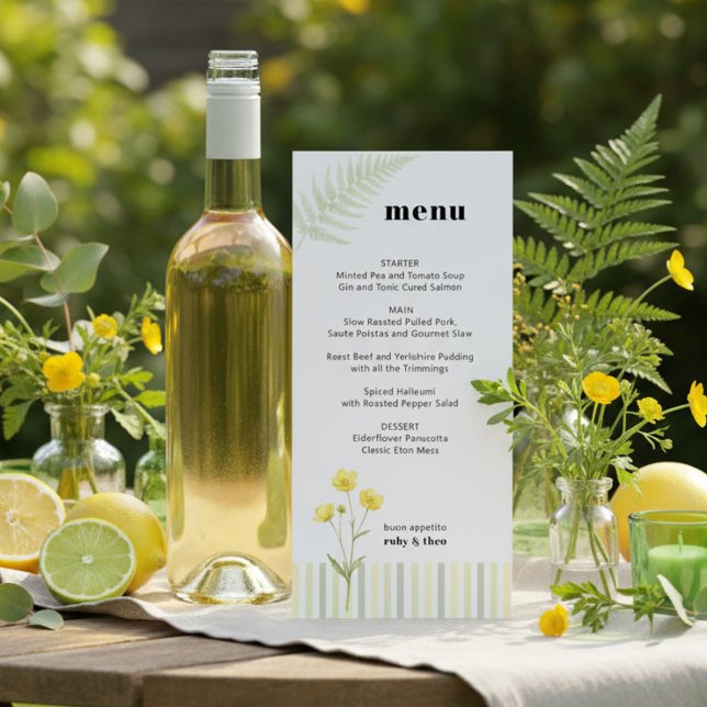Menu Cardápio de Casamento Moderno com Listras de Flore (Menu from the Citrus Green Wildflower wedding collection by Darling & May)