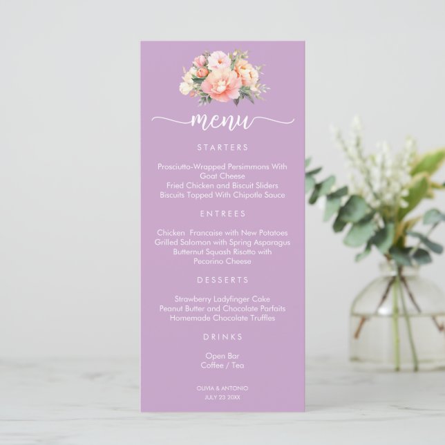 Menu Cardápio de Casamento Moderno Elegante Rosa Peônia (Em pé/Frente)