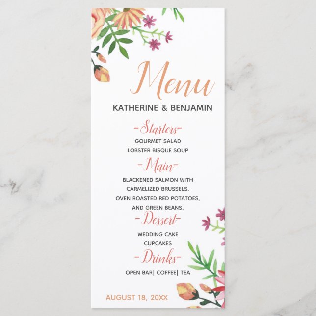 Menu Cardápio de casamento moderno floral pêssego (Frente)
